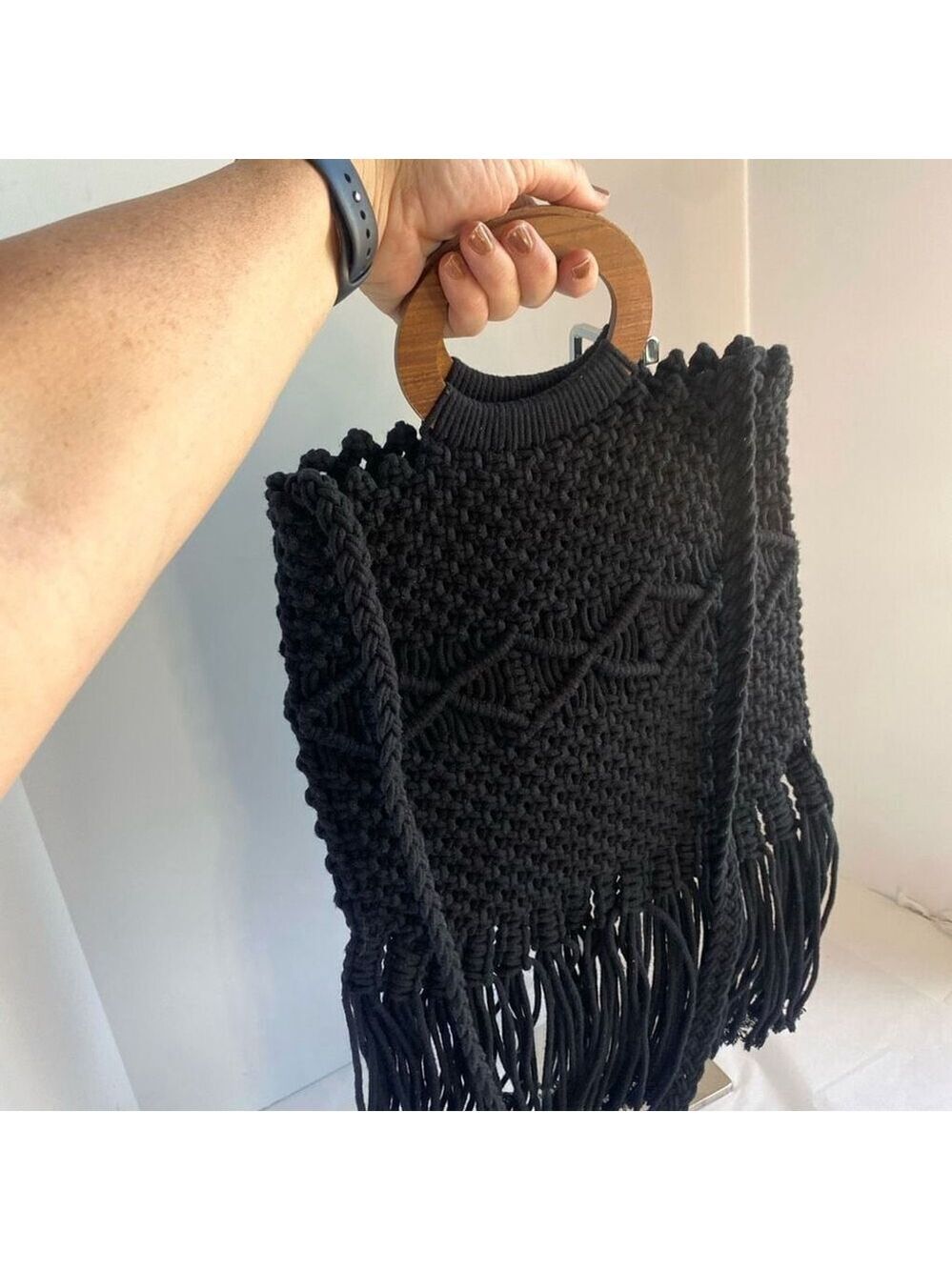 Anthropologie Danielle Nicole Black Boho Retro Macrame Bag Crossbody Tote - Picture 7 of 7